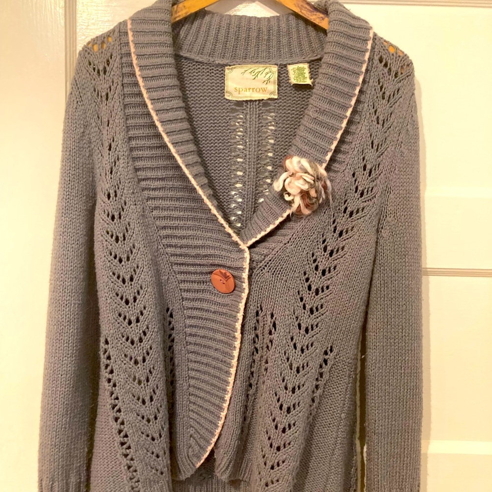 Anthropologie Gray Knit Cardigan with unique Floral Accent